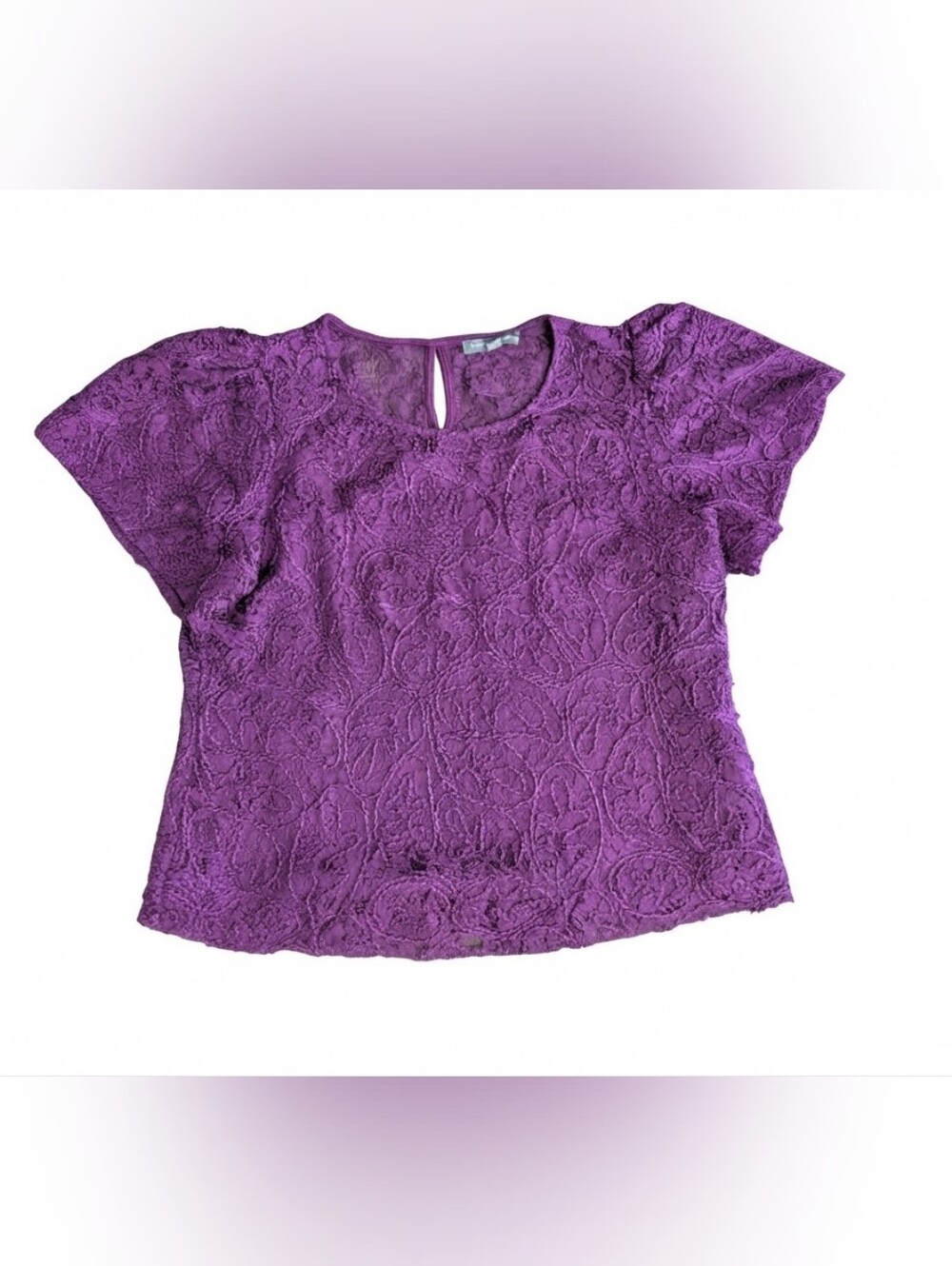 Kate & Mallory Womens Purple Floral Guipure Lace Overlay Short Sleeve Blouse Med